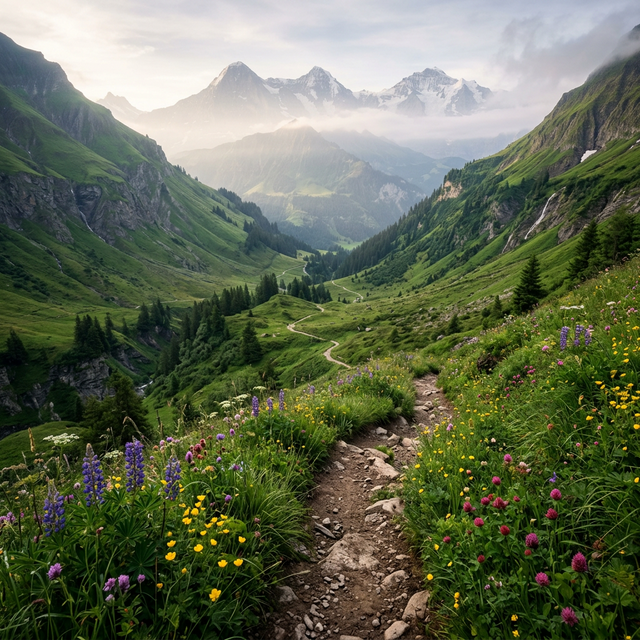 A winding hiking trail through a lush green mountain valley with wildflowers blooming beside the path, distant peaks covered in mist, morning light, cinematic landscape photography, no people
